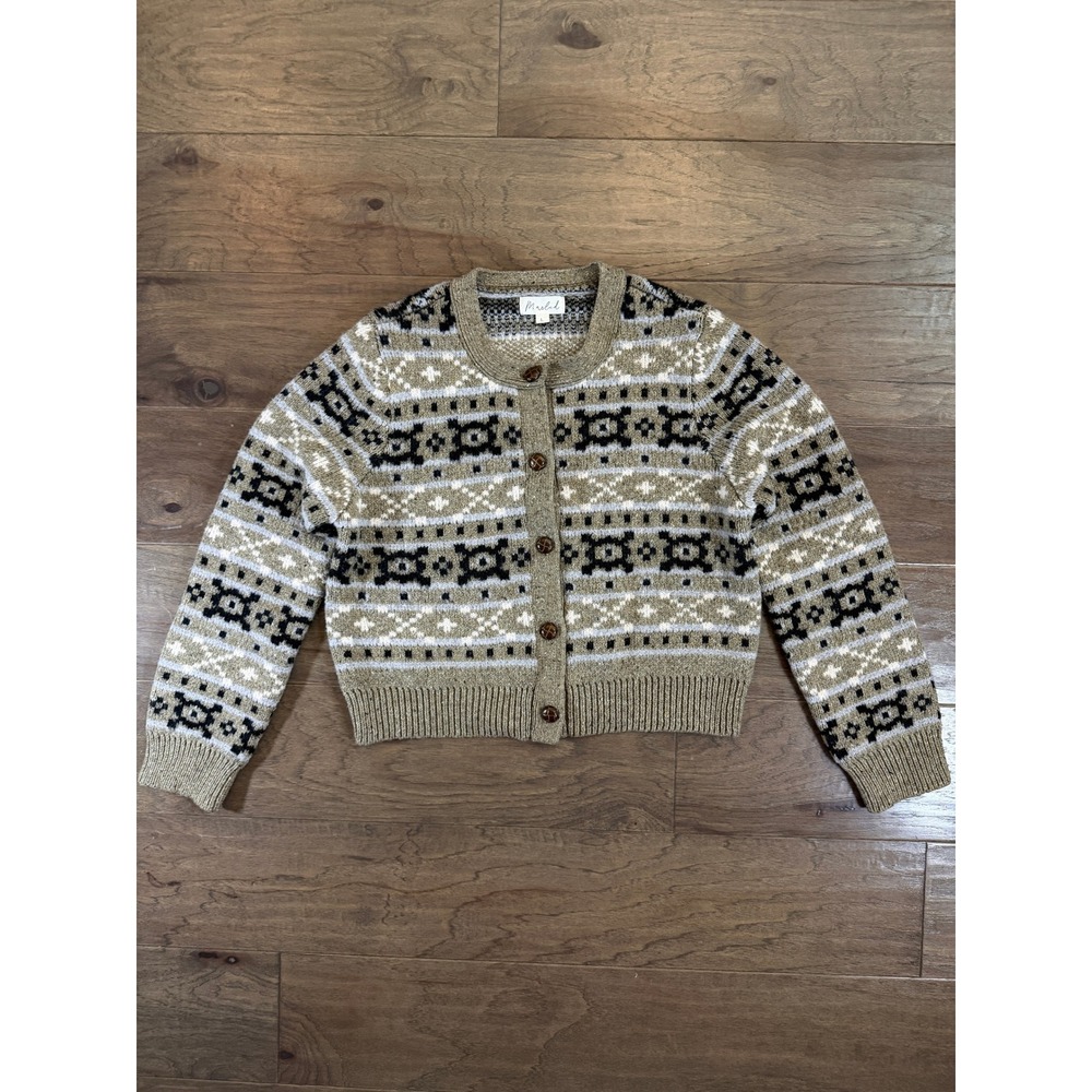 Marled‎ Womens Fair Isle Button Front Cardigan Sweater Tan Black Wool Blend L